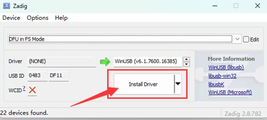 使用 Zadig 安装 WinUSB 驱动