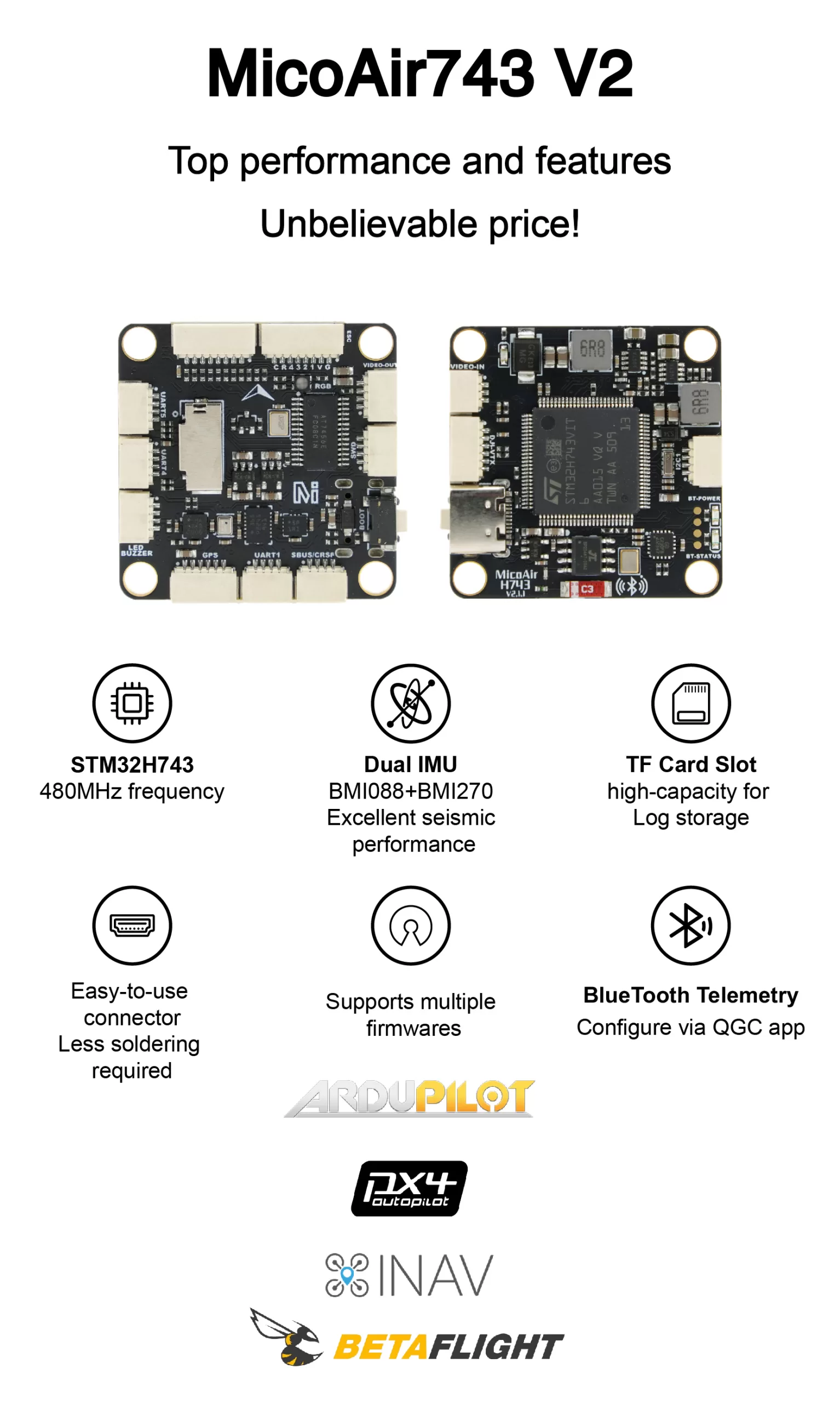 Front and back of the MicoAir743v2 flight controller