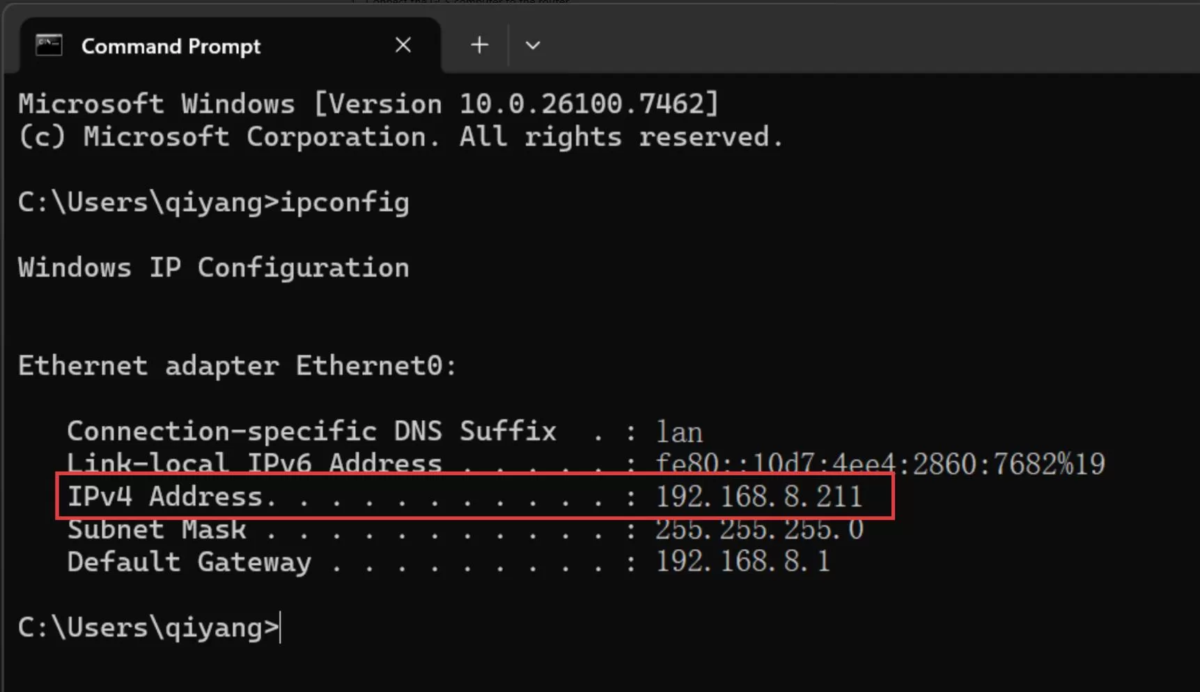 IPv4 address and default gateway in Windows ipconfig output