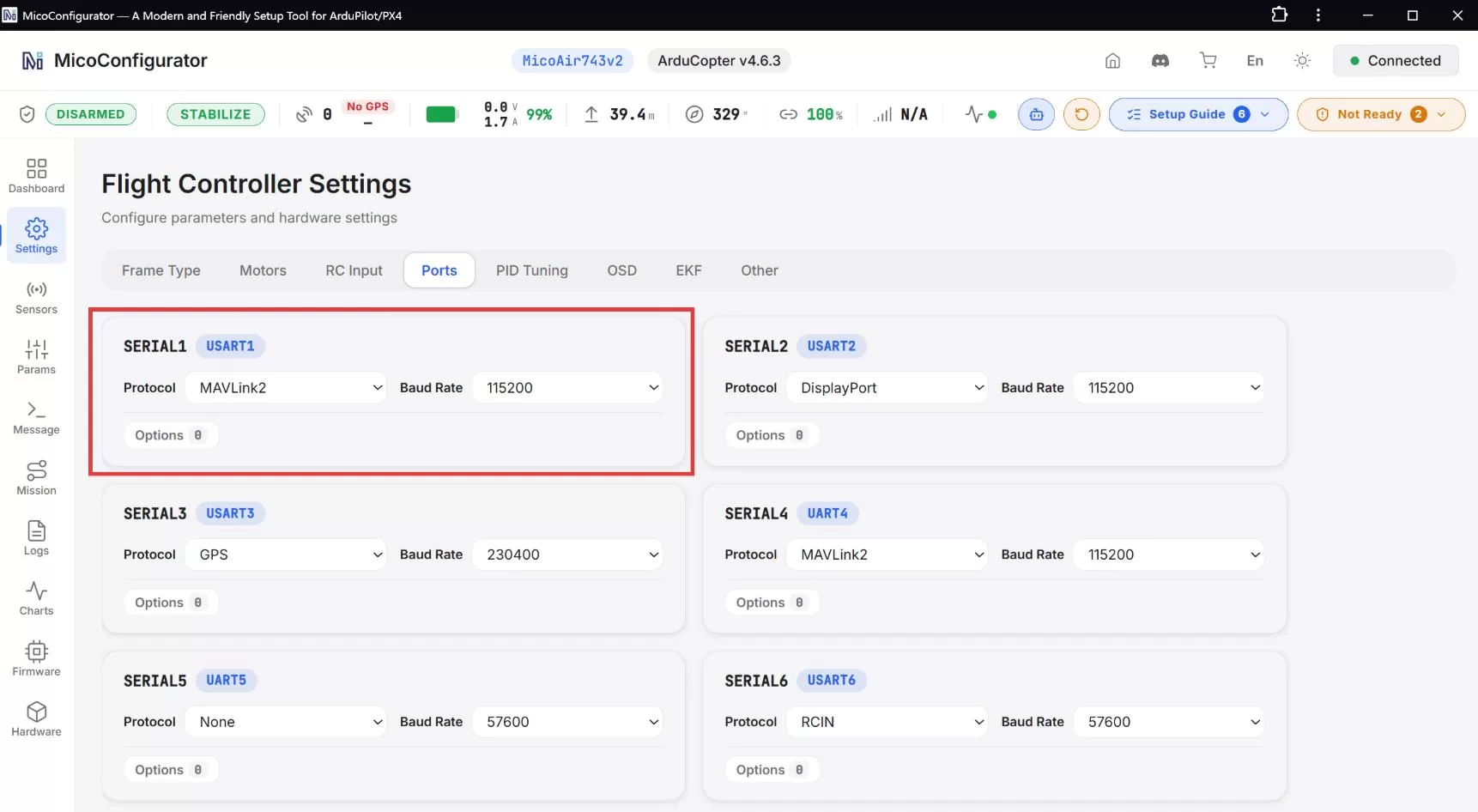 ArduPilot serial port configuration in MicoConfigurator