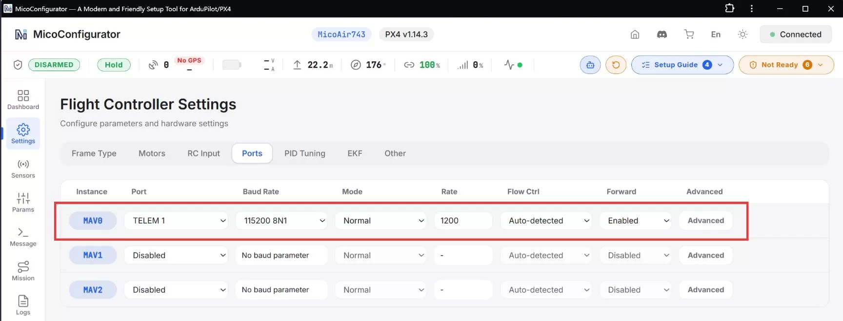 PX4 TELEM1 configuration in MicoConfigurator