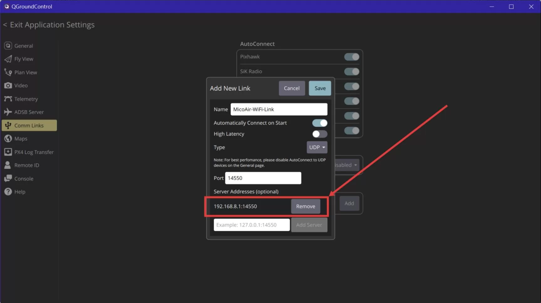 QGroundControl UDP communication link