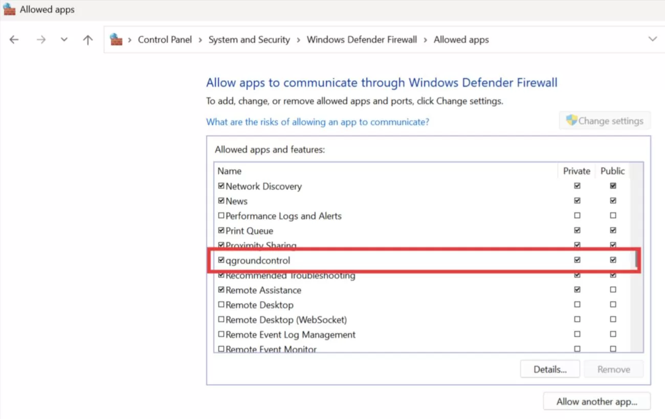 Windows Firewall allowing the GCS application